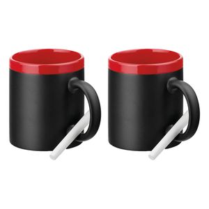 Luxe krijt koffiemok/beker - 2x - rood/zwart - keramiek - met krijt te beschrijven - 350 ml - Eigen