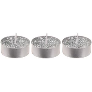 3x Zilveren glitter waxinelichtjes/theelichtjes 6 cm