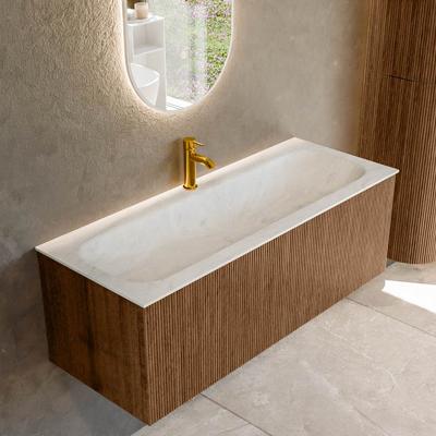 Badmeubel Mondiaz Kurve-Dlux | 120 cm | Meubelkleur Walnut | Wastafelkleur Opalo | Solid surface | Midden spoelbak | 1 kraangat
