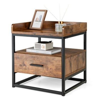 Bijzettafel met 2 Niveaus Salontafel met Metalen Frame Koffietafel met Lade Nachtkastje voor Bed Bruin