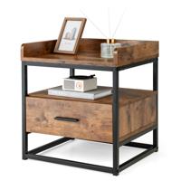 Bijzettafel met 2 Niveaus Salontafel met Metalen Frame Koffietafel met Lade Nachtkastje voor Bed Bruin