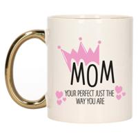 Cadeau koffie/thee mok voor mama - kroon/hartjes - goud - 300 ml - keramiek - Moederdag