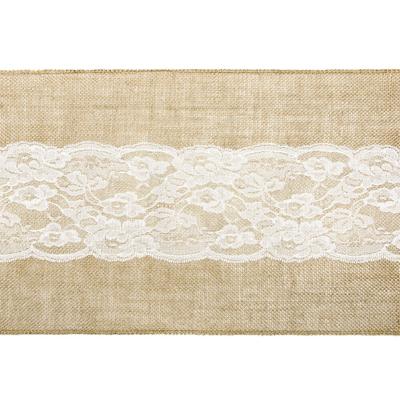 Jute tafellopers - 28 x 275 cm - met wit kant - Thema antiek/romantisch - Tafeldecoratie versieringe