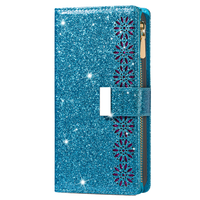 iPhone 15 Pro Max hoesje - Bookcase - Koord - Pasjeshouder - Portemonnee - Glitter - Bloemenpatroon - Kunstleer - Blauw