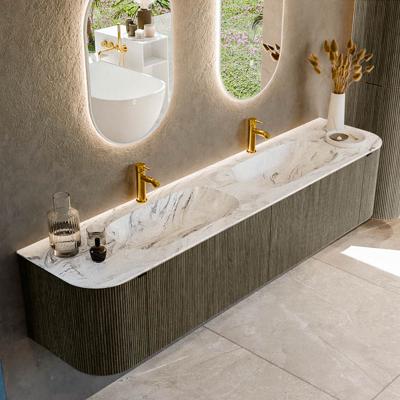 Badmeubel Mondiaz Kurve-Dlux | 200 cm cm | Meubelkleur Shadow | Wastafelkleur Glace | Solid surface | Wasbak beiden zijden spoelbak | 2 kraangaten