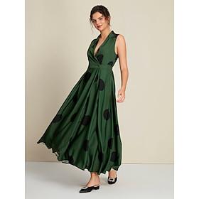 Dames Zoom Maxi Maxi-jurk Groen Mouwloos Stip Zomer Lente Herfst Overhemdkraag V-hals Elegant S M L