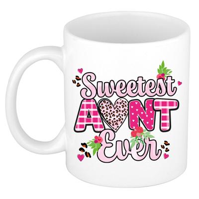 Cadeau koffie/thee mok tante - wit/roze - liefste tante ooit - 300 ml