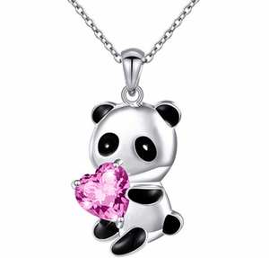 Betoverende Zilverkleurige Ketting met Panda Hanger en Roze Kristallen Hart - Sieraden - Spiritueelboek.nl