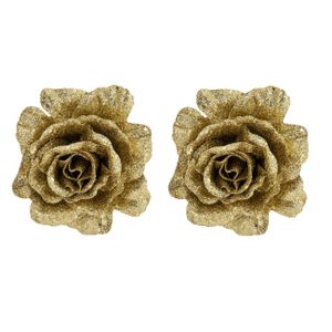 2x stuks decoratie bloemen roos goud glitter op clip 10 cm