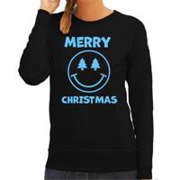 Foute kersttrui/sweater voor dames - Merry Christmas - zwart - glitter blauw - Smile Emoticon