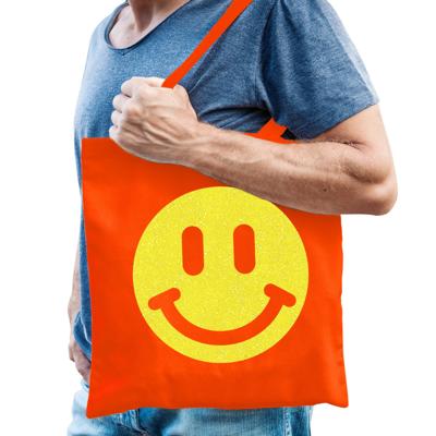Cadeau tas voor heren - glitter Smile Emoticon - oranje - katoen - 42 x 38 cm - Vaderdag - verjaarda