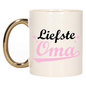 Cadeau koffie/thee mok voor oma - roze met gouden oor - de liefste - keramiek - 300 ml   -