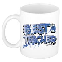 Cadeau koffie/thee mok voor Meester/juf - blauw - graffiti letters - de beste - 300 ml