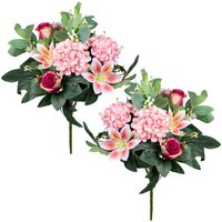 Kunstbloemen boeket roos/hortensia/lelie - 2x - roze/cerise - H39 cm - Bloemstuk - Bladgroen