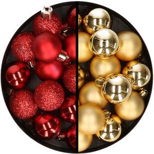 36x stuks kunststof kerstballen rood en goud 3 en 4 cm