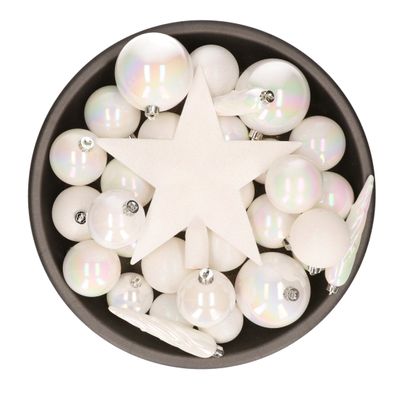 33x stuks kunststof kerstballen met piek 5-6-8 cm parelmoer wit incl. haakjes