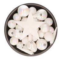 33x stuks kunststof kerstballen met piek 5-6-8 cm parelmoer wit incl. haakjes - thumbnail