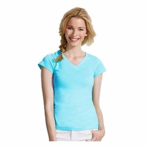 Dames t-shirt  V-hals lichtblauw 100% katoen slimfit 44 (2XL)  -