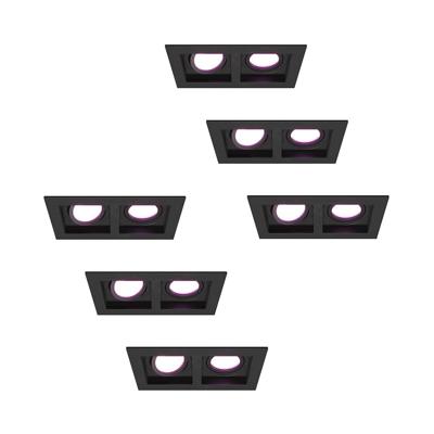 Set van 6 Fresno Dubbele Inbouwspot - Rechthoek - 2x GU10 - RGBWW 16,5 miljoen kleuren - 11 Watt 690 lumen - Kantelbaar - IP20 stofdicht - Zwart