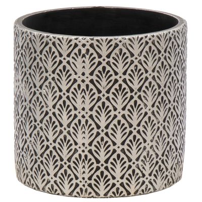 Plantenpot/bloempot - keramiek - antraciet/zilver - Oosters motief - D11 x H10 cm Plantenpot/bloempot - keramiek - antraciet/zilver - Oosters motief - D11 x H10 cm