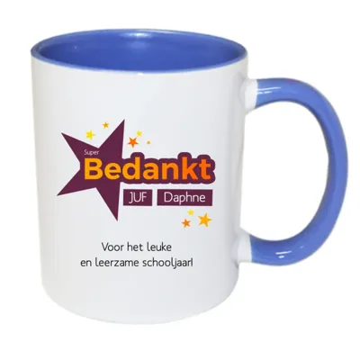 Super Bedankt Juf mok met naam (blauw)