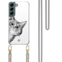 Samsung Galaxy S22 Plus hoesje met grijs koord - Peekaboo kat