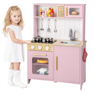 Houten Speelkeuken voor Kinderen Licht Geluid Magnetron Fornuizen Gootsteen Oven en Keukenaccessoires Speelgoedkeukenset Roze