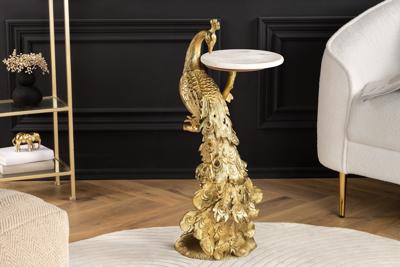 Ronde bijzettafel WILDLIFE PEACOCK 75cm Goud Antiek Wit Metaal Marmeren Pauw Sculptuur - 44828