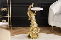 Ronde bijzettafel WILDLIFE PEACOCK 75cm Goud Antiek Wit Metaal Marmeren Pauw Sculptuur - 44828
