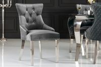 Elegante stoel CASTLE DELUXE grijs fluwelen leeuwenkop Chesterfield design eetkamerstoel klinknagels - 40471