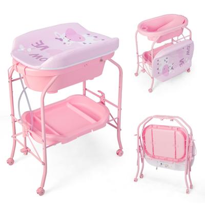 4-in-1 Opvouwbare Verschoontafel met Badkuip Draagbare Verschooncommode met Verschoonmat Roze