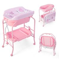 4-in-1 Opvouwbare Verschoontafel met Badkuip Draagbare Verschooncommode met Verschoonmat Roze