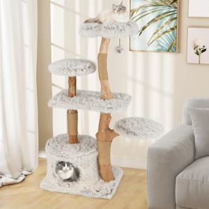 Moderne Kattenboom 135 cm Hoge Kattentoren met Jute Krabpalen Pluchen Zitstok Kattenboom van Massief Hout voor Binnenkatten