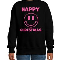 Kersttrui/sweater voor jongens/meisjes - Happy Christmas - zwart - smiley - glitter roze