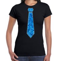 Verkleed t-shirt voor dames - stropdas blauw - pailletten - zwart - carnaval - foute party