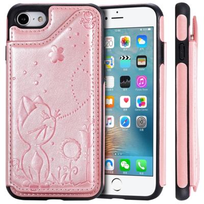 Voor iPhone 8/7 kat Bee reliëf patroon schokbestendige beschermende case met kaartsleuven & fotolijstjes (Rose goud)