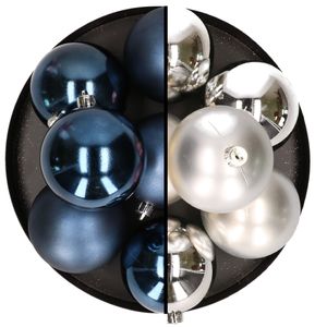 12x stuks kunststof kerstballen 8 cm mix van donkerblauw en zilver   -