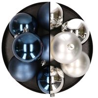12x stuks kunststof kerstballen 8 cm mix van donkerblauw en zilver   - - thumbnail