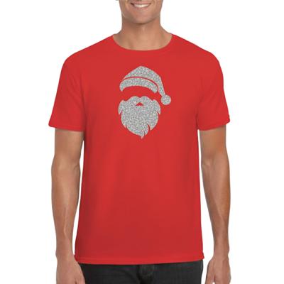 Kerst T-shirt voor heren - Kerstman hoofd - rood - glitter zilver - Kerstkleding