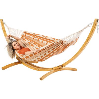 Eenpersoons hangmat met houten standaard - 300x140cm - Oranje - 120kg draagkracht- 100% katoen - binnen & buiten