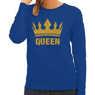 Koningsdag Sweater voor dames - Queen - glitter goud - blauw - feestkleding