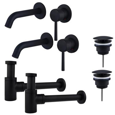 Fortifura Calvi Slim Wastafelkraanset - voor dubbele wastafel - inbouw wastafelkraan - always open plug - verlaagde design sifon - Mat zwart 2x SW377837/2x SW696205/2x SW696215