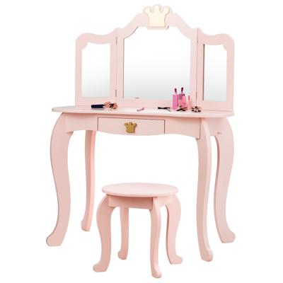 Kaptafel en Kruk voor Kinderen met Inklapbare Spiegel en Lade Houten kaptafelset met 3 Accessoires & Schattige Kroonpatronen Roze