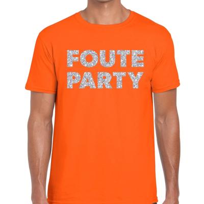 Foute party tekst t-shirt - oranje - voor heren - met zilver glitters print - feestkleding