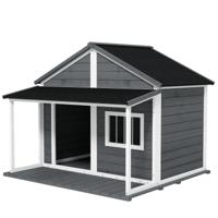 PawHut Hondenhok voor buiten - Inclusief veranda - Weerbestendig - 124 cm x 112 cm x 105 cm - Grijs + Wit