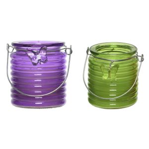 Citronella windlicht met kaars - 2x - paars en groen - 20 branduren - citrusgeur