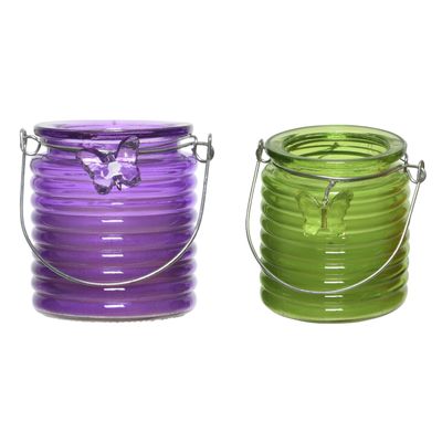 Citronella windlicht met kaars - 2x - paars en groen - 20 branduren - citrusgeur