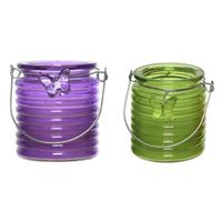 Citronella windlicht met kaars - 2x - paars en groen - 20 branduren - citrusgeur - thumbnail