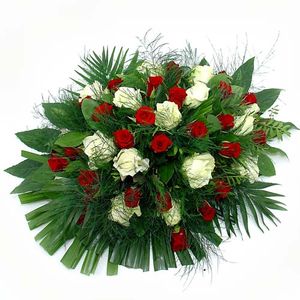 Rouwarrangement rode en witte rozen