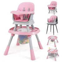 16-in-1 Omvormbare Hoge Stoel met Afneembaar Dienblad & 5-Punts Gordel Kinder Tafel- & Stoelset Roze